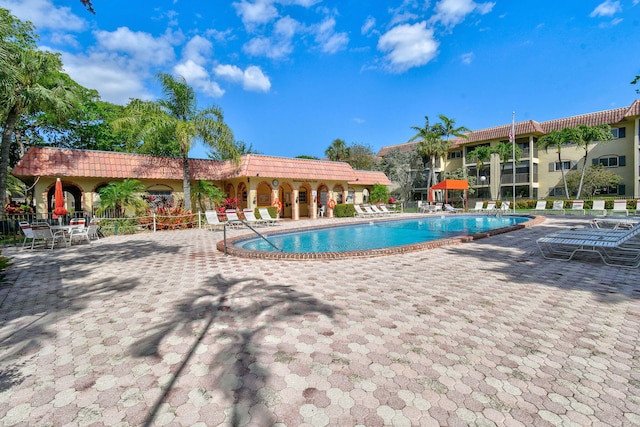 view of swimming pool with a patio