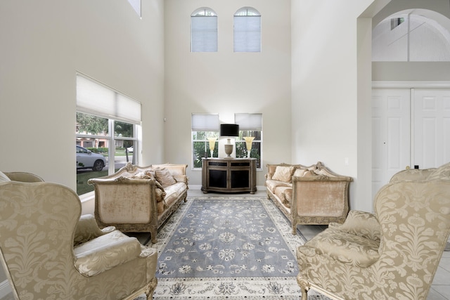 living room with a high ceiling