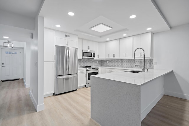 10459 SE Terrapin Pl Unit 101D, Jupiter, FL 33469 - kitchen featuring stainless steel appliances, a sink, a peninsula, baseboards, and light wood-style flooring