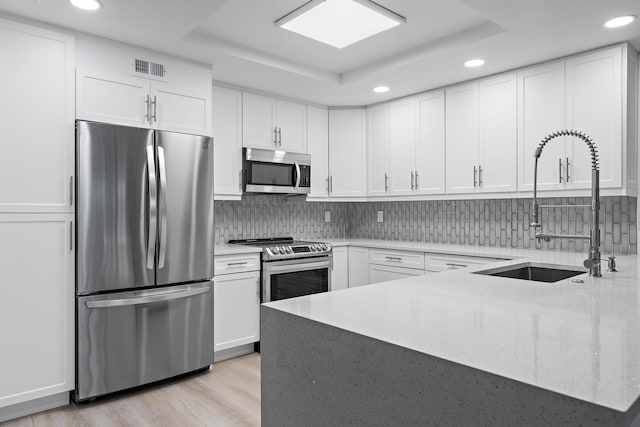 kitchen featuring white cabinetry, sink, light hardwood / wood-style floors, a tray ceiling, and appliances with stainless steel finishes