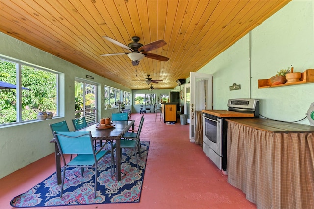 interior space with wood counters, wooden ceiling, electric range, and ceiling fan