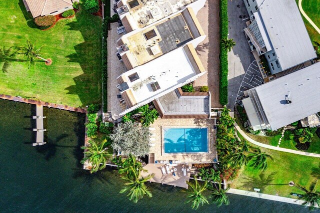 aerial view featuring a water view and a view of the beach