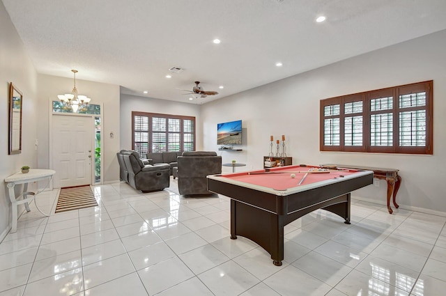 game room with ceiling fan, light tile patterned floors, and billiards