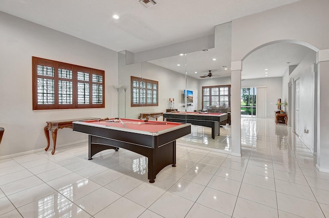 playroom with ceiling fan, light tile patterned flooring, and billiards