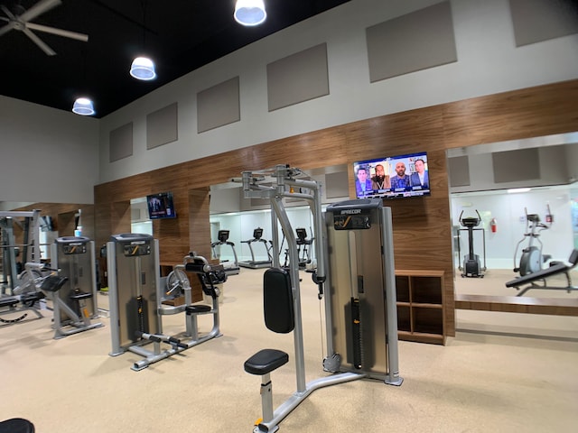 gym featuring carpet flooring, a high ceiling, and wooden walls