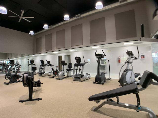 17264 Hampton Blvd, Boca Raton, FL 33496 - exercise room featuring a towering ceiling and carpet flooring