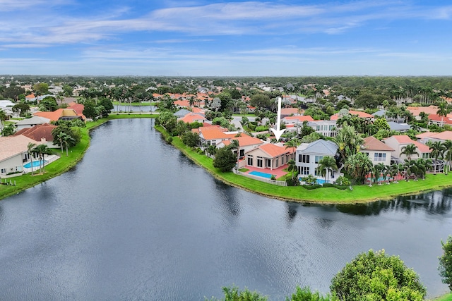 drone / aerial view featuring a water view