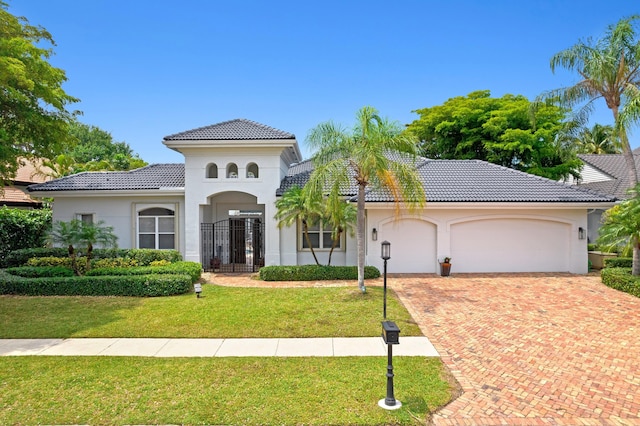 mediterranean / spanish house with a garage and a front yard