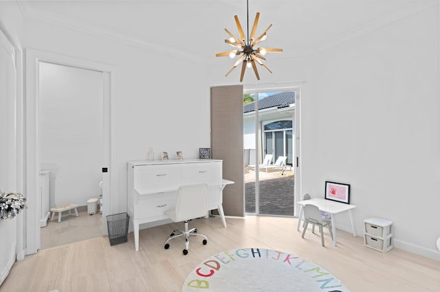 office with crown molding, light wood-type flooring, and a notable chandelier