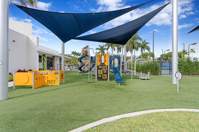 view of jungle gym with a yard