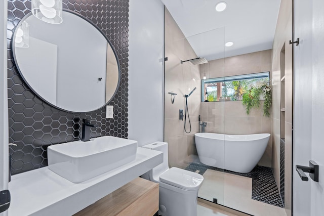 full bathroom with toilet, independent shower and bath, tile walls, and decorative backsplash