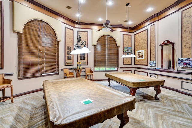 rec room featuring ornamental molding, pool table, light parquet flooring, and ceiling fan