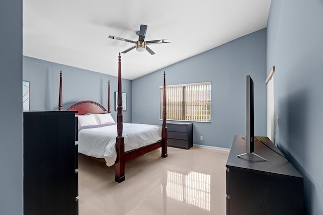 bedroom with ceiling fan and vaulted ceiling