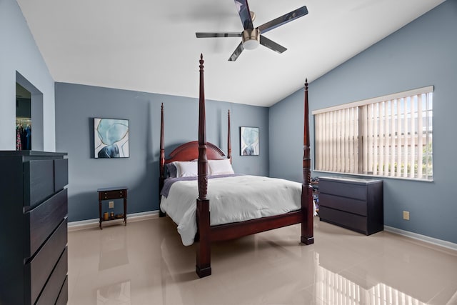 bedroom with ceiling fan and lofted ceiling