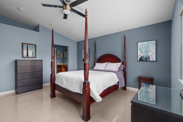 bedroom with ceiling fan and lofted ceiling