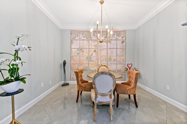 tiled dining area featuring an inviting chandelier, ornamental molding, and sink