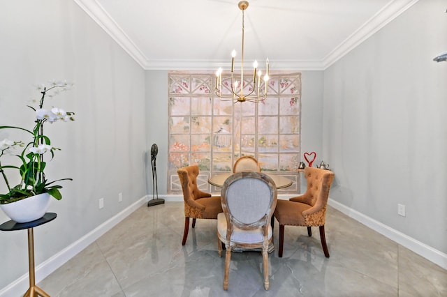 dining room with crown molding and a chandelier