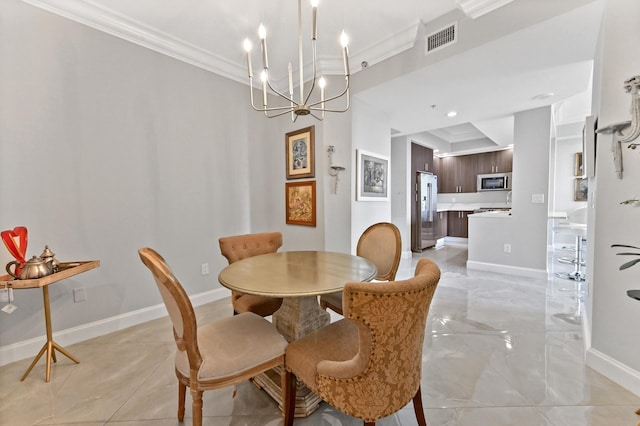 dining space with an inviting chandelier and ornamental molding