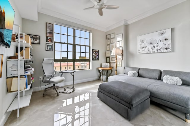 living room featuring ceiling fan and ornamental molding