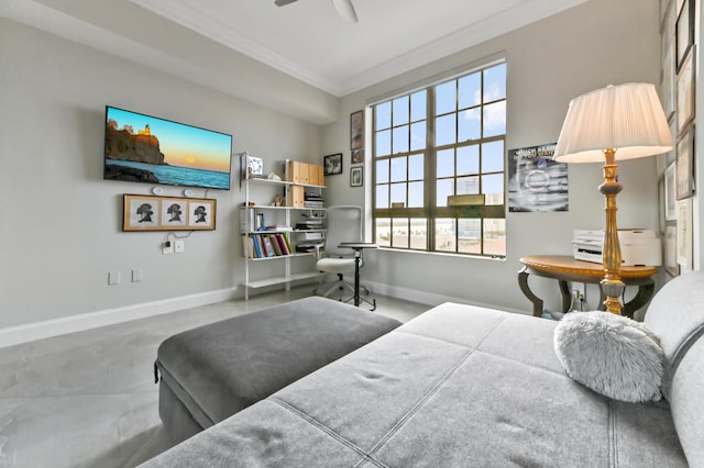 bedroom with ceiling fan and ornamental molding