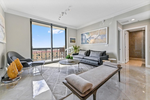 living room with expansive windows, ornamental molding, and rail lighting