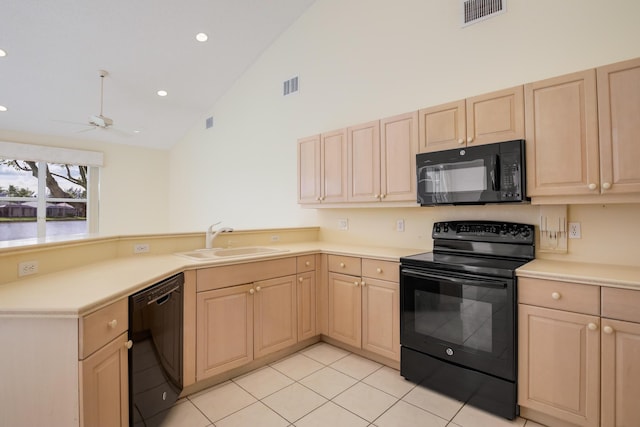 kitchen featuring ceiling fan, sink, light brown cabinets, high vaulted ceiling, and black appliances