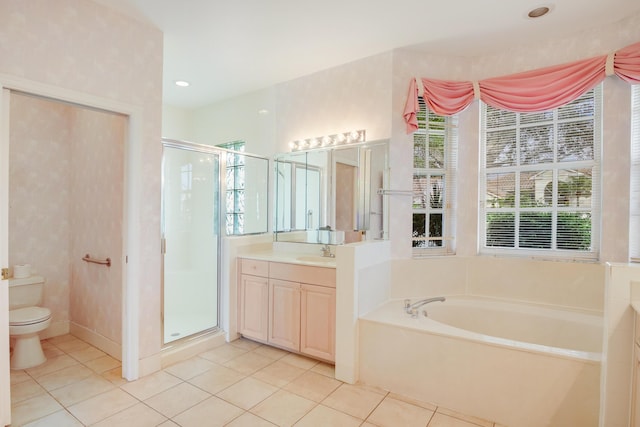 full bathroom with vanity, separate shower and tub, tile patterned floors, and toilet