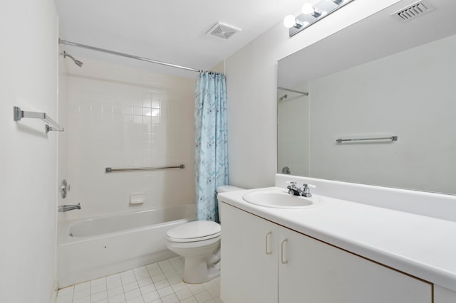 full bathroom featuring toilet, vanity, shower / bath combination with curtain, and tile patterned flooring