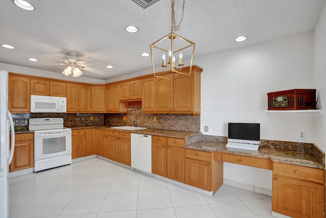 1260 NW 20th Ave Unit 203, Delray Beach, FL 33445 - kitchen featuring a textured ceiling, a sink, decorative backsplash, and white appliances