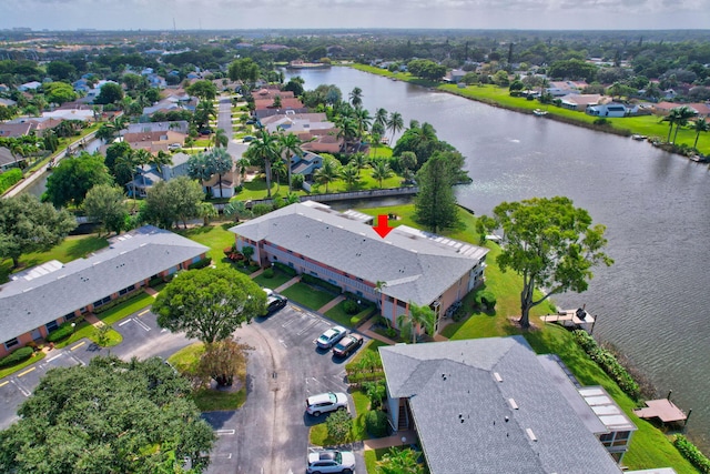 drone / aerial view featuring a water view