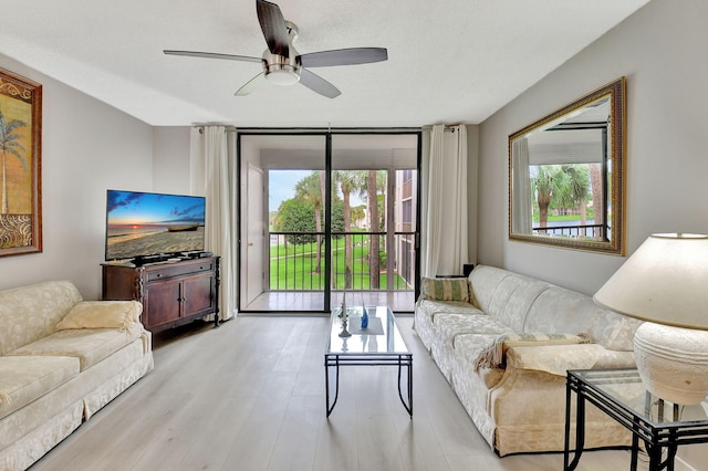 living room with light hardwood / wood-style floors, a wealth of natural light, and ceiling fan