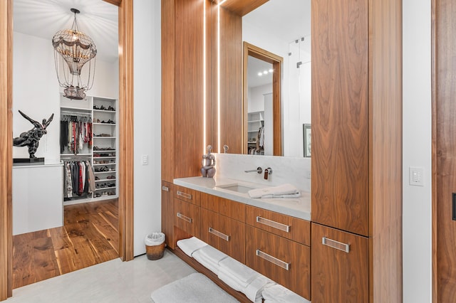 bathroom with wood-type flooring and vanity