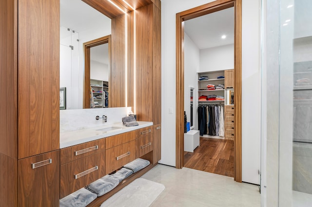 bathroom featuring vanity and wood-type flooring