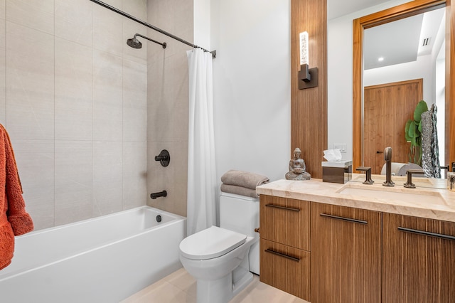 full bathroom with tile patterned flooring, vanity, toilet, and shower / bathtub combination with curtain