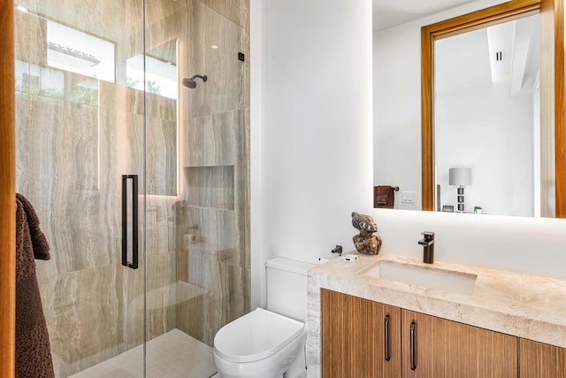 bathroom featuring vanity, toilet, and a shower with shower door