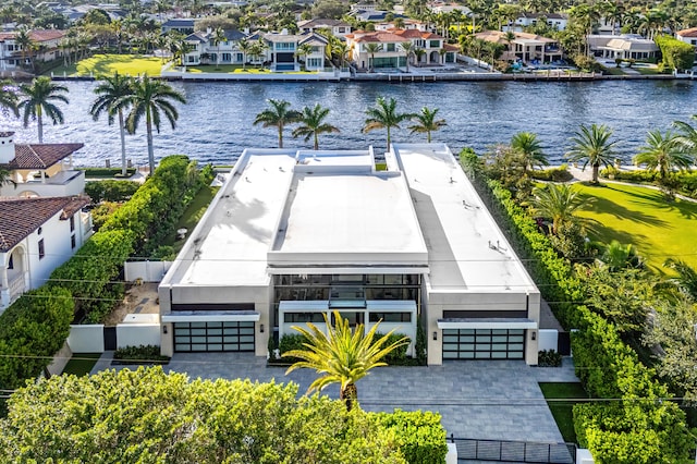 drone / aerial view featuring a water view