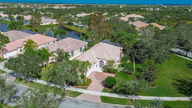 drone / aerial view featuring a water view