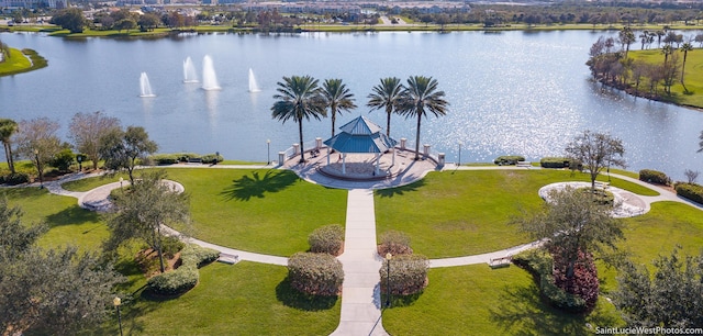 birds eye view of property featuring a water view