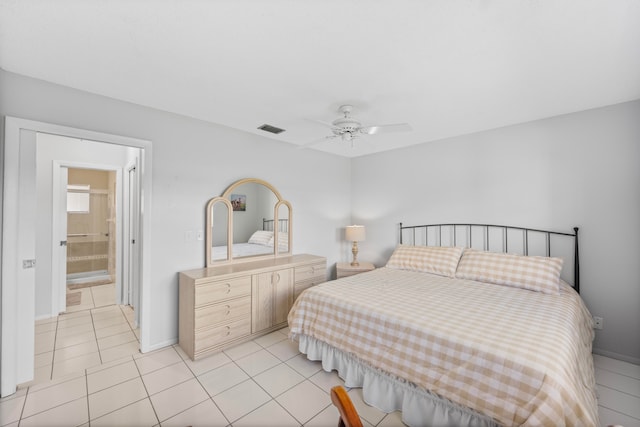 bedroom featuring ceiling fan and light tile patterned floors