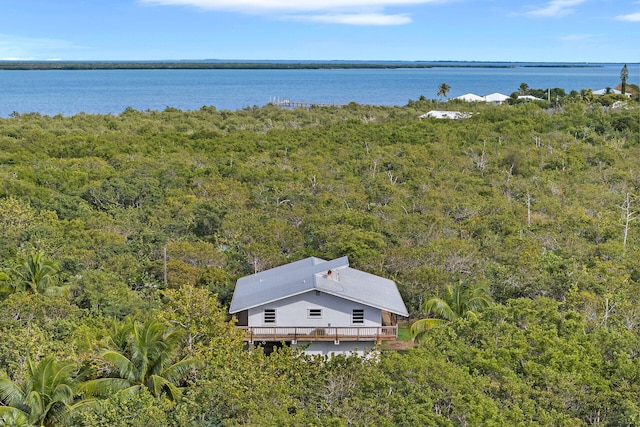 drone / aerial view featuring a water view and a forest view