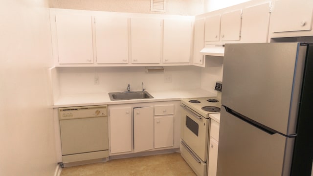 kitchen featuring white cabinets, white appliances, sink, and exhaust hood