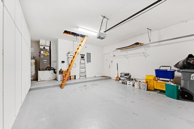 garage featuring electric panel, a garage door opener, gas water heater, and heating unit