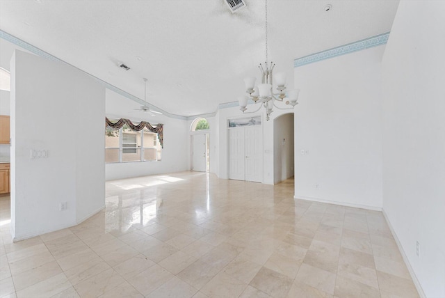 unfurnished room featuring ceiling fan with notable chandelier, a textured ceiling, light tile patterned floors, and lofted ceiling