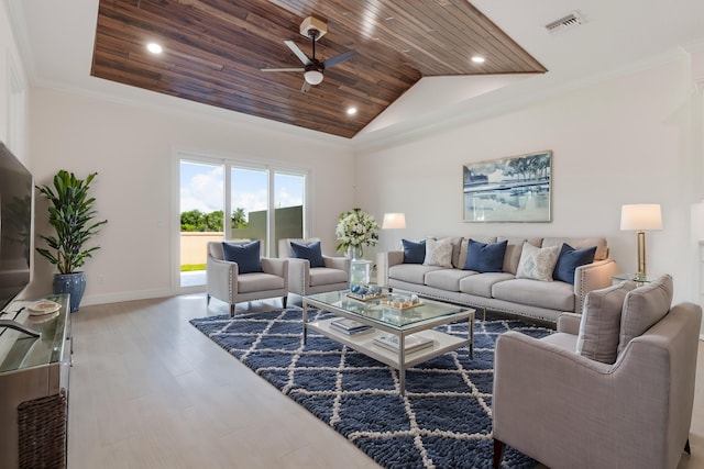 living room with high vaulted ceiling, wood-type flooring, ceiling fan, and wood ceiling