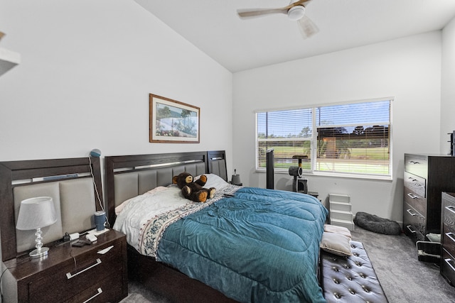 bedroom with carpet flooring, ceiling fan, and lofted ceiling