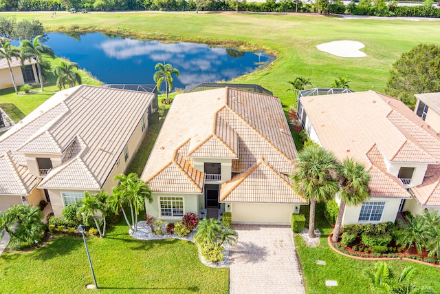 bird's eye view with a water view