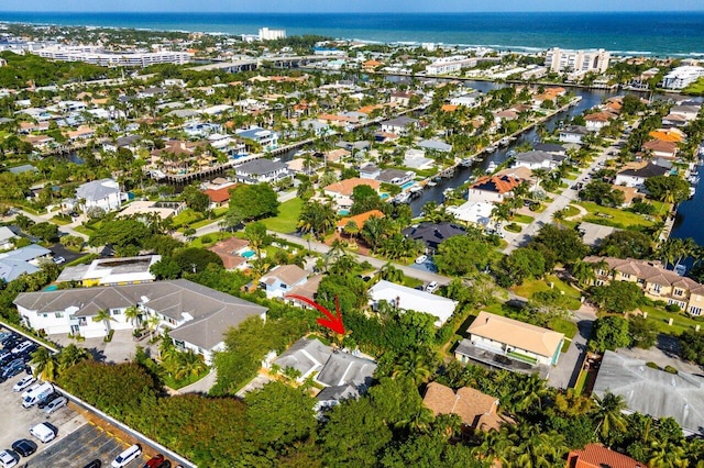 aerial view featuring a water view