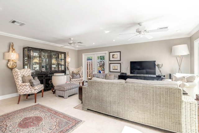 living room featuring french doors, ceiling fan, crown molding, and light tile patterned flooring