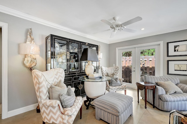 tiled living room with ceiling fan, ornamental molding, and french doors