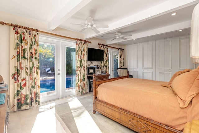 tiled bedroom with access to exterior, french doors, ceiling fan, and beam ceiling